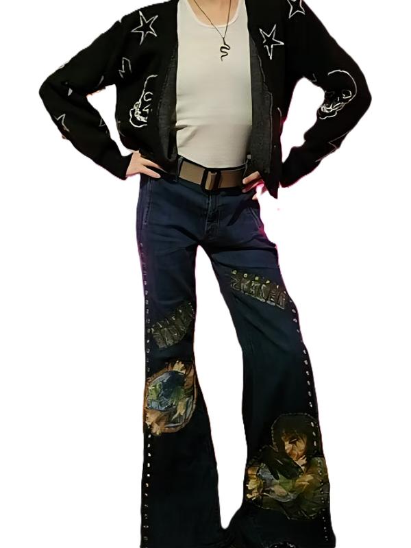 Upcycled Alice Cooper Safety Pin Jeans - Womenswear Extra Wide Leg Denim - Sustainable Music Fashion with Iconic Graphic Design All Seasons