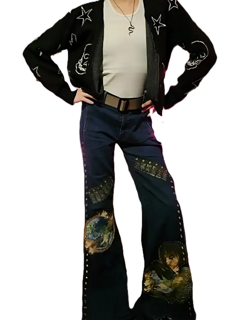 Upcycled Alice Cooper Safety Pin Jeans - Womenswear Extra Wide Leg Denim - Sustainable Music Fashion with Iconic Graphic Design All Seasons
