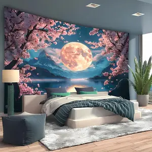 [2D Flat Printing] 1pc Ultra Large Size beautiful Sakura Moon Background Wall Tapestry-Large Size Decorative Hanging Cloth Holiday Gift Party Decoration Home Decoration Living Room And Dormitory Use, with Installation Bag