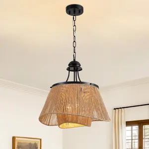 17.7" Rattan Chandelier Light Fixtures 4-Lights Boho Pendant Dimmable with Fabric Shade Adjustable Woven Chandelier for Dining Room Kitchen Island Living Room