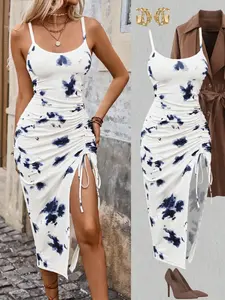 Women's Boho Midi Dress with Drawstring, Adjustable, Tie Dye Pattern, Sleeveless Fitted Design, Gradient Color Block, Beach Vacation Style, Bohemian