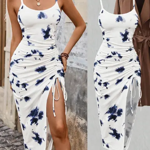 Women's Boho Midi Dress with Drawstring, Adjustable, Tie Dye Pattern, Sleeveless Fitted Design, Gradient Color Block, Beach Vacation Style, Boho Summer Holiday, Bohemian, Boho Chic Dress, Summer Dresses, Boho Style Womenswear