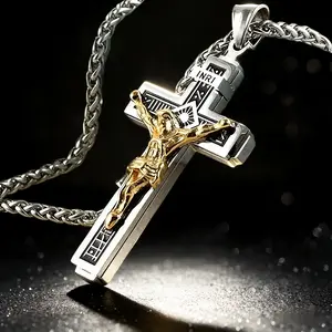 Stainless Steel Cross Jewelry SleekDesign with Inscriptions Men's Fashion Accessory for Faith-Driven Style Long-Lasting Material Gold Crucifix Pendant