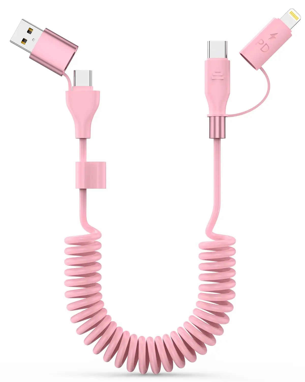 Car Carplay Cable, Coiled USB C and Lightning Cable in, W A USBC to Lightning Cable Type C to USBC Fast Charging Cord for Cell Phones/Tablets, Support iPhone CarPlay & Android Auto, FT/Pink