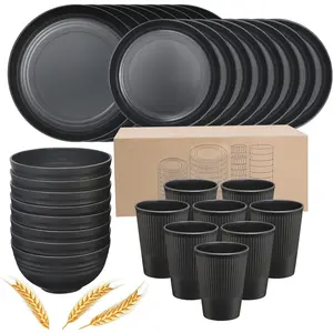 APlates and Bowls Sets for 8, 32-Piece Kitchen Dinnerware Set for 8 Tableware Wheat Straw Dinner Plates, Dessert Plates, Bowls and Cups, Dishes Set for Home Parties Camping - Black