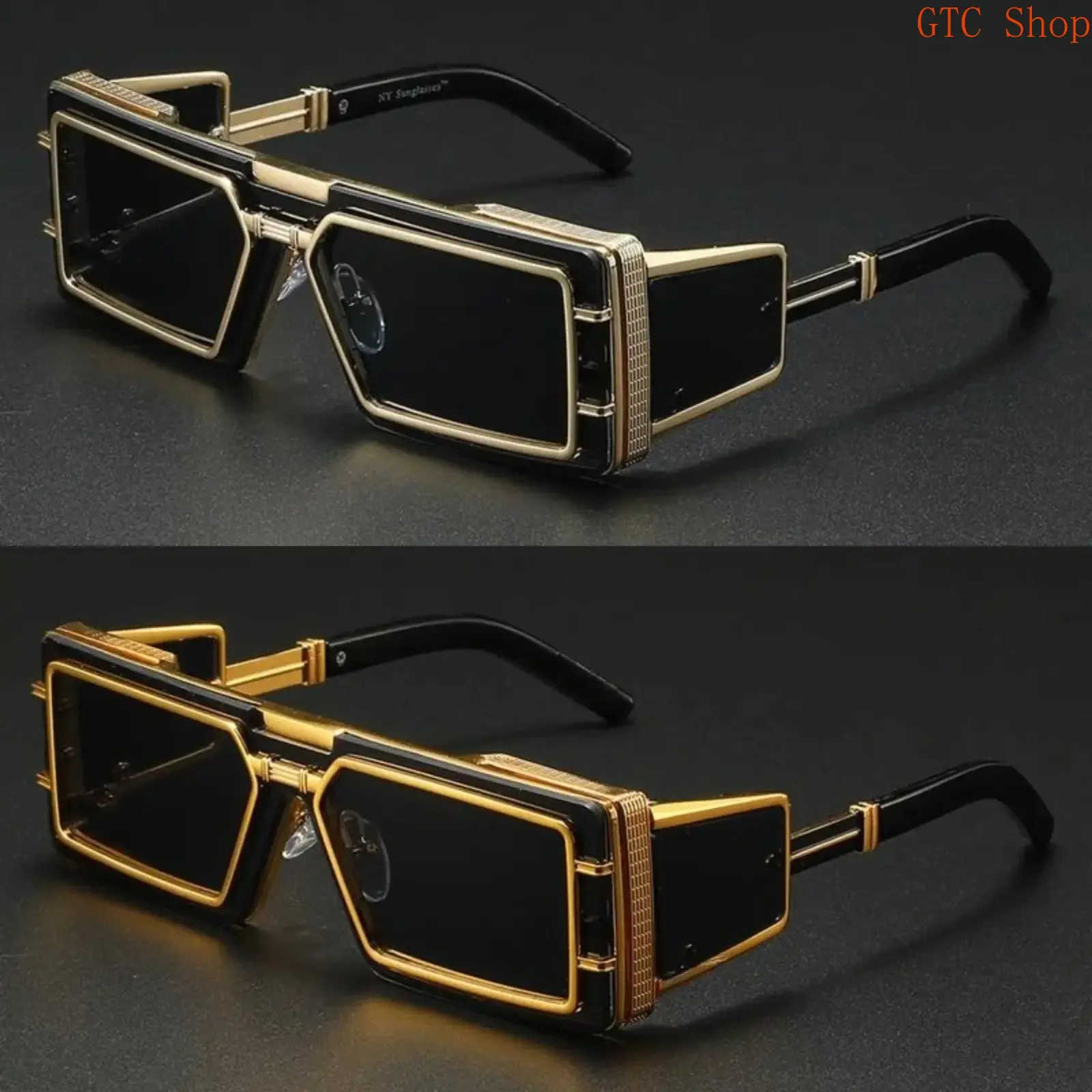 Futuristic Glam Geometric Rectangular Sunglasses - Premium Viral Metal Glasses, Black Chrome Frame, UV400 Mirrored Lenses, Cut-Out Hollow Design, Unique Luxury Aesthetic for Daily Street & Party Use
