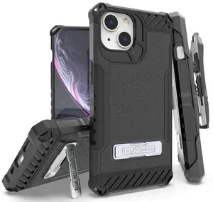 Tri-Shield Combination for iPhone 13 Case, Nakedcellphone [Military Grade] Rugged Cover with Metal Kickstand [Includes Wrist Strap Lanyard + Belt Clip Holster]
