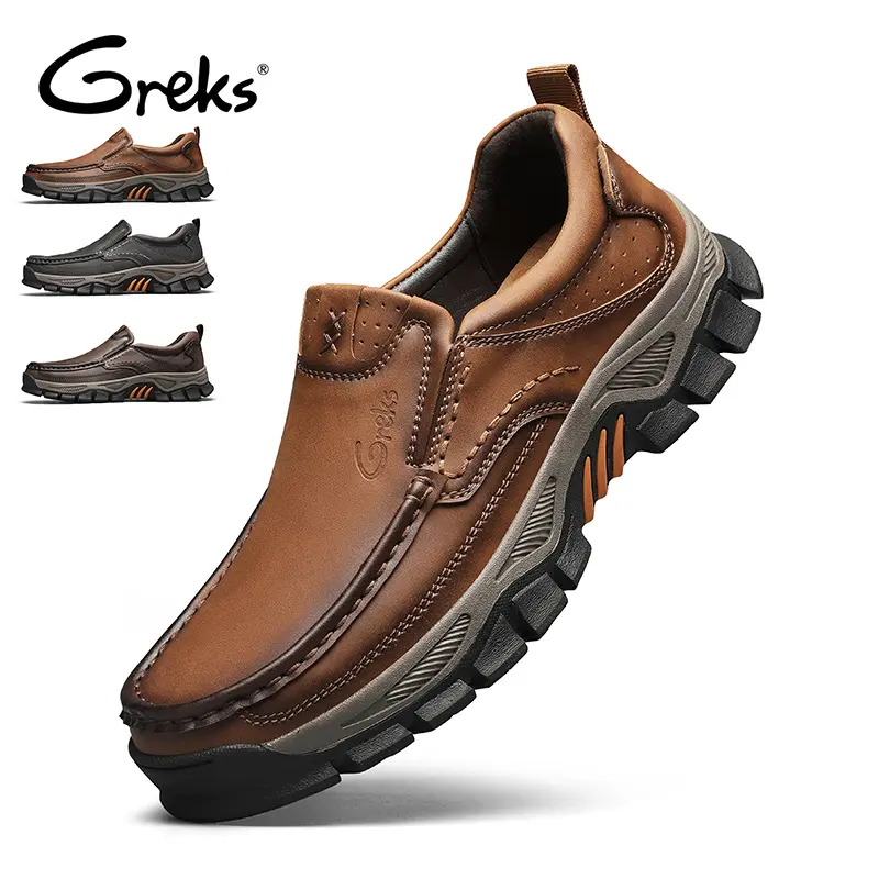 GREKS Men's Wide Flat Stitched Slip-On Shoes - Rugged Tread Trail-Inspired Casual Footwear