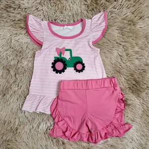 Stripe flutter sleeves tractor bow embroidery top match cotton shorts farm girls boutique outfits