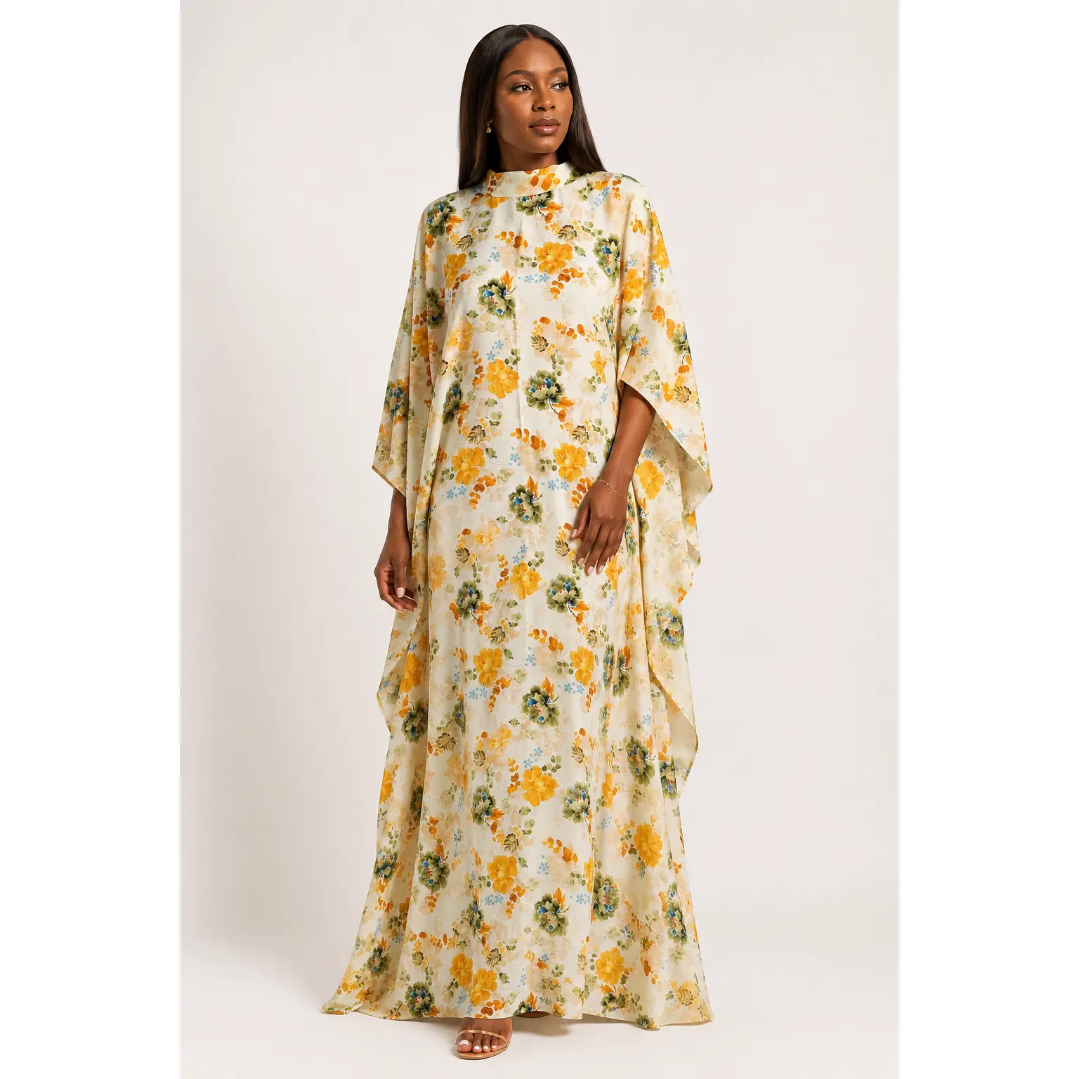 Tailored Golden Meadow Floral Crepe Kaftan Dress – Flowing Maxi Kaftan