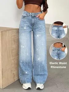 Women's Elegant High-Waisted Wide-Leg Denim Jeans, Fitted Woven Fabric, Rhinestone Embellished, All-Season Fashion Pants, Womenswear