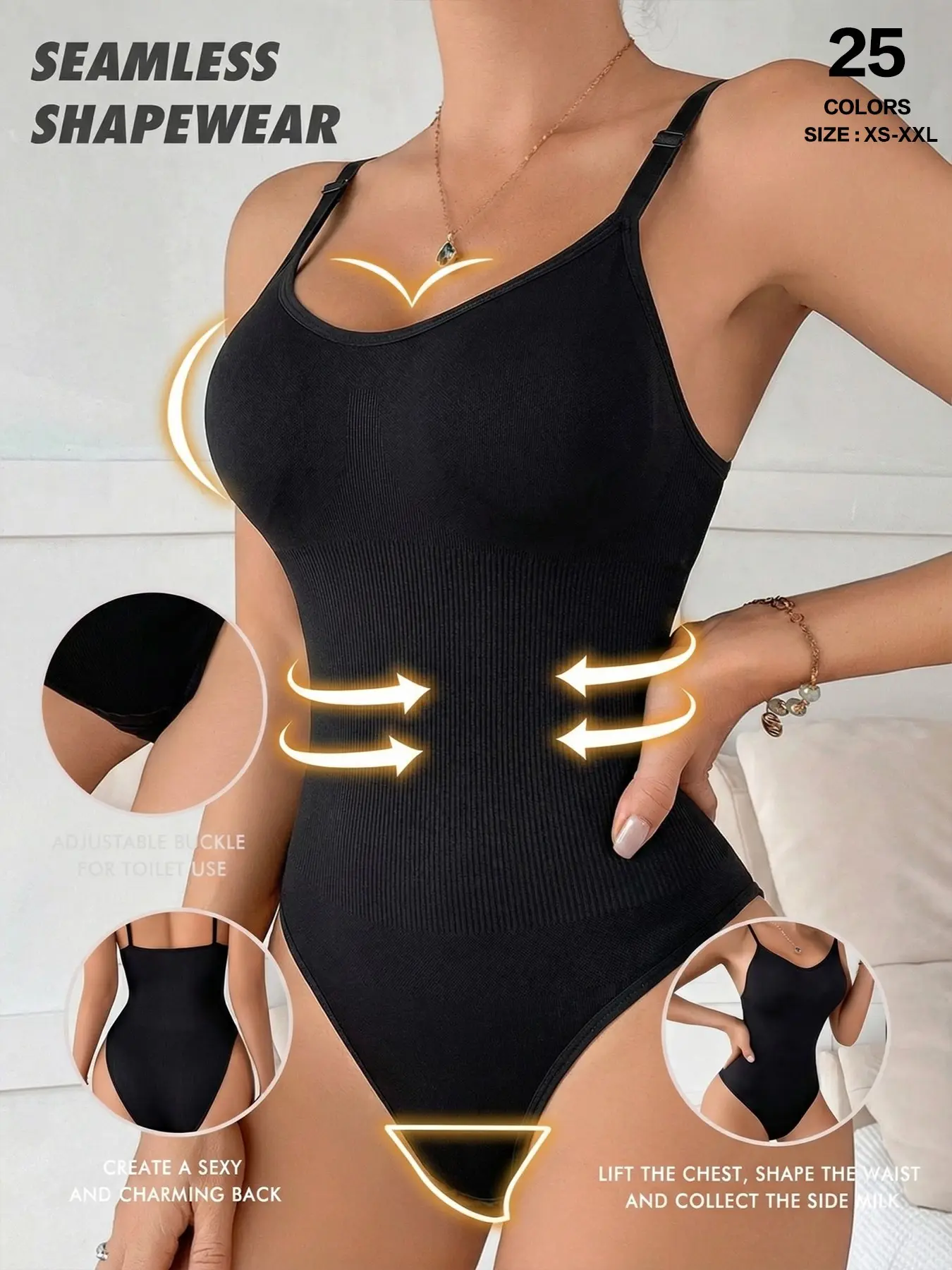 Women's Seamless Shaping Bodysuit, Compression Tummy Control Slimming Thong Body Shaper, Adjustable Strap, Spaghetti Strap, Casual Style, All Seasons, Regular Length, Shapewear, Underwear