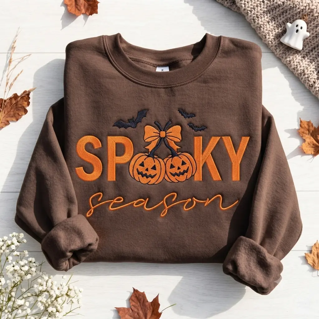 Embroidered Spooky Sweatshirt,  Cute Coquette Fall Sweater, Spooky Season Gift, Pumpkin Halloween Shirt, Ghost Fall Crewneck