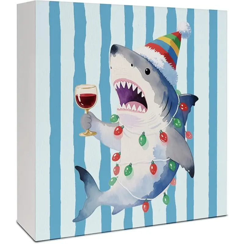 Coastal Christmas Shark Wooden Box Sign, Beach Themed Christmas Decorations, Xmas Shark Blue Striped Wood Signs for Bar Home Office Desk Table Shelf Decorations, 5x5 Inch