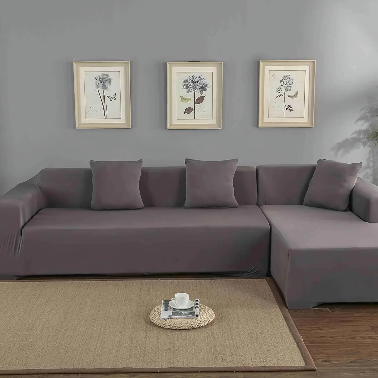 Stretchable Dark Grey Polyester L-Shape Corner Sofa Cover Set for 3+2 Seater Sectional & Chaise, Living Room Furniture, Pet-Friendly, Machine Washable