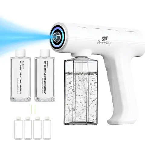 PawPace Electric Pet Deodorizer Spray Gun - Deodorizer Odor Eliminator, Litter Box Odor Eliminator, Pet-Friendly Ingredients, 4 Spray Settings, Switchable Blue Light, Indoor/Car Use, 8.1oz/240ml Single or 16.2oz/480ml Double Refill