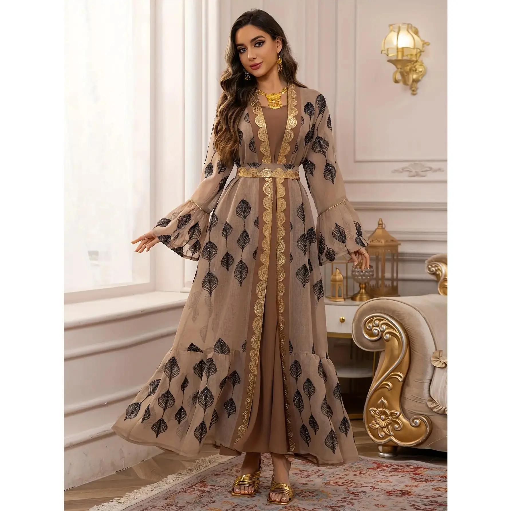 2025 Hot Selling Two-Piece Arabian Special Supply Long Robe Brown Black  Embroidered Appliqu Fashionable Dress High-End Mesh Embroidered Party Dress  Set - TikTok Shop