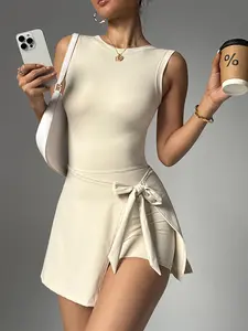 Women's Round Neck Tennis Athletic Dress, Sleeveless Design, Side Slit & Built-In Shorts, Golf Sports Skirt Pants, Backless Sport Romper