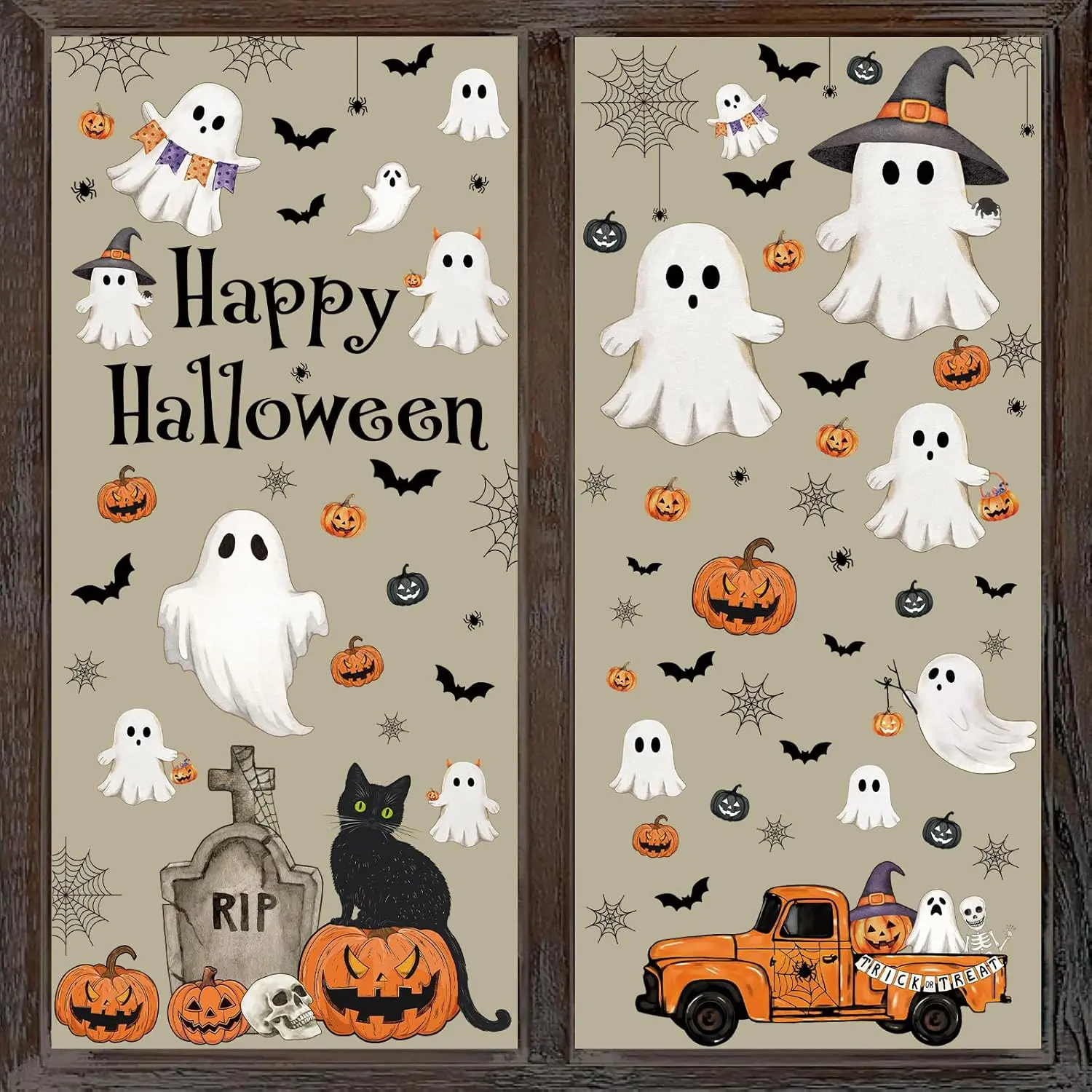 Vintage Halloween PVC Window Clings Set - 6 Sheets Large Flat Irregular Retro Spooky Ghost Jack-O'-Lantern Pumpkin Double-Sided Printed Peel-and-Stick Films, No Glue, Reusable Easy-Remove Indoor Home Party Decor (Home Supplies)