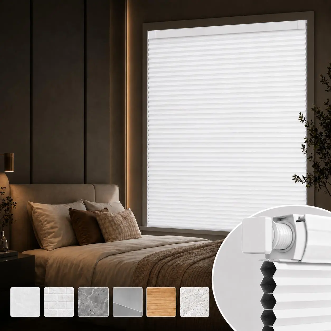 Cordless No-Drill Honeycomb Shades, Blackout-White & Gray Solid Colors Indoor Pleated Blinds, Renter-Friendly Light Filtering, Baby Room Safe Easy-Install for Bedroom Apartments