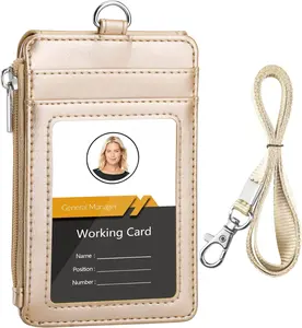Badge Holder with Side Zip Pocket and Neck Lanyard Multiple Card Slots Leather ID Holder for Office Teachers and Students