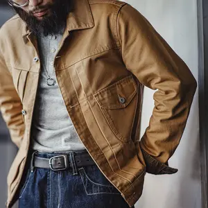 Melard Men's American Retro Western Ranch Jacket Heavy Canvas Turn-down Collar Denim Coat for Autumn Casual Wear Classic Menswear