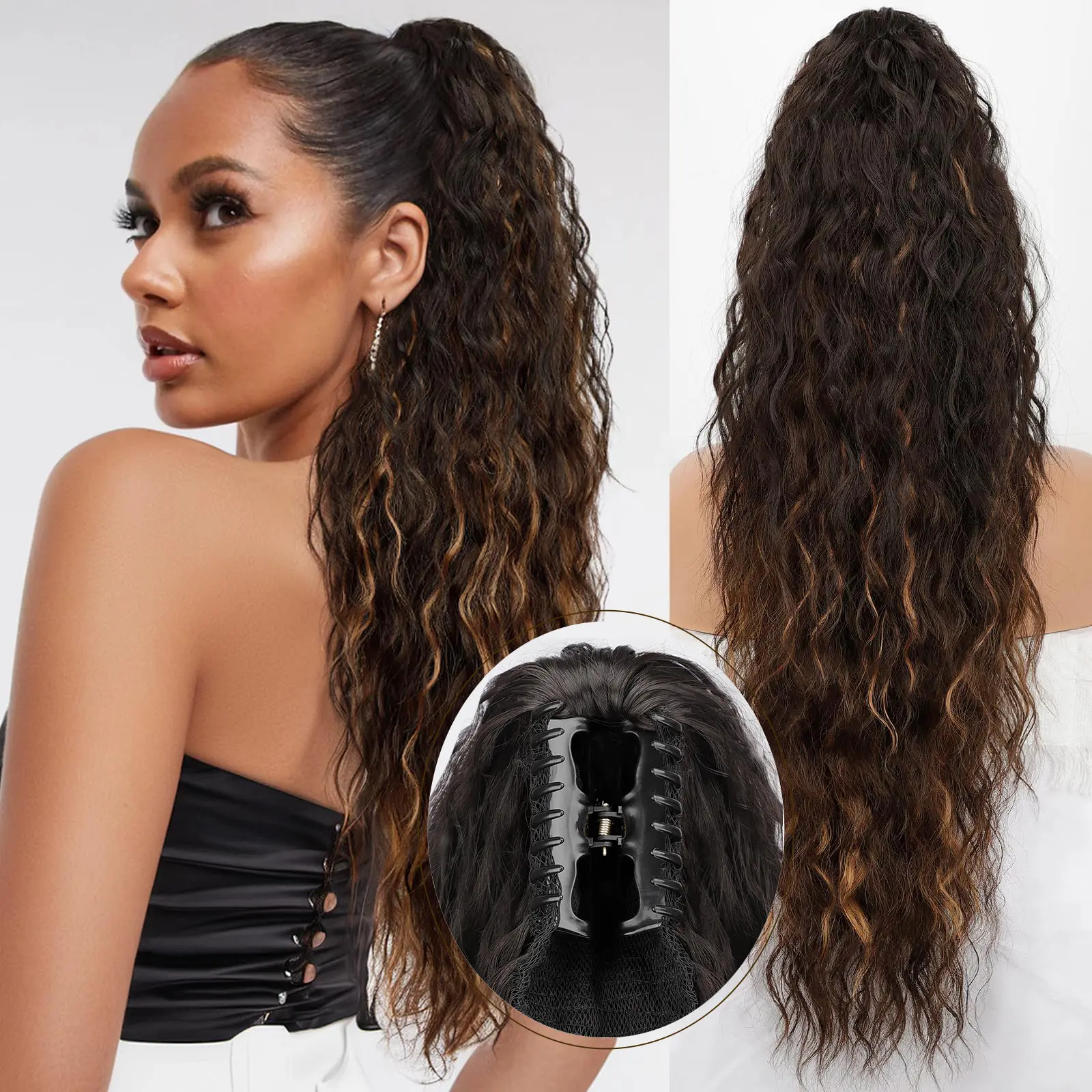 Brown with Blonde Highlights Claw clip Ponytails