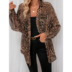 1pc Women's Casual Leopard Print Chiffon Cardigan, Long Sleeve Loose Fit Shirt with Lapel Collar and Button Details, 100% Polyester Woven Fabric for All Seasons, Versatile Layering Piece | Chic Casual Top | Buttoned Long Cardigan, Lightweig