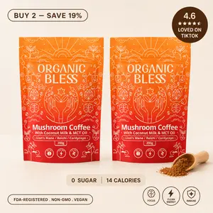 ORGANIC BLESS Instant Mushroom 60-Servings TikTok Brew Coffee with Coconut Milk & MCT Oil – Organic Lion’s Mane, Reishi & Cordyceps Blend for Energy, Focus & Clarity – Adaptogenic Mushroom Coffee – Immune Support – 2 Pack