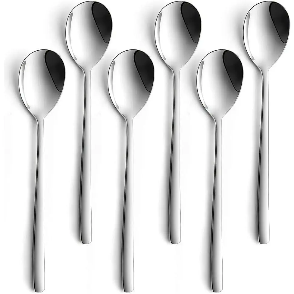 Korean Spoons 6 Pieces Stainless Steel Mixing Spoons 8 Inch Rice Spoons with Long Flat Handle Shallow Design for Easy Scooping Dishwasher Safe Flatware Set for Home Kitchen