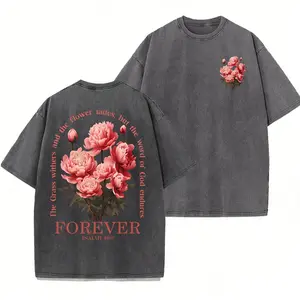 Isaiah 40:8 Peony Flower Vintage Washed T-Shirt, The Word of God Endures Forever Faith Print Tee, Retro Heavyweight Cotton Oversized Crew Neck Top, Religious Daily Casual Outfit