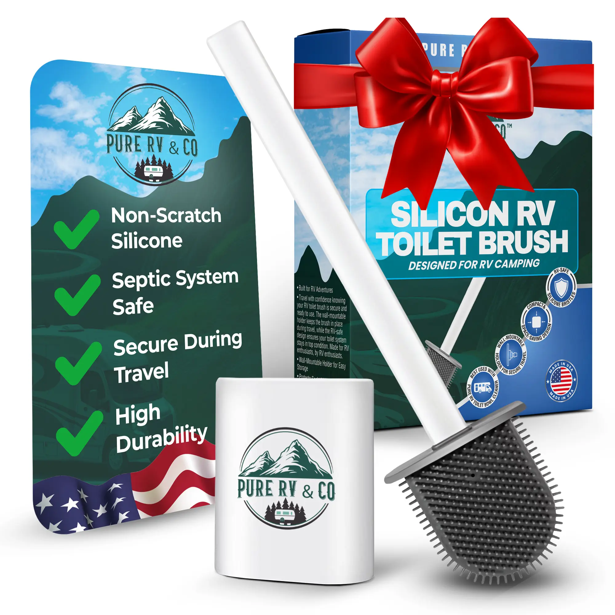 Pure RV Toilet Brush and Holder Set, Compact Silicone Bowl Brush for Camper, Trailer & RV Toilets – Wall Mounted, Flexible Head, Quick-Dry, Septic Safe, RV Bathroom Must-Have (Packaging may vary)