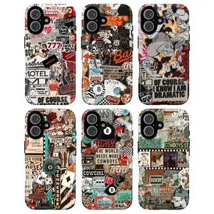 Western Vintage Collage Tough Phone Case – Cowboy Cowgirl Motel Dice Tiger Pinup Retro Rustic Aesthetic, MagSafe Compatible, Shockproof Anti-Drop, Glossy Scratch-Resistant Full Protection for iPhone