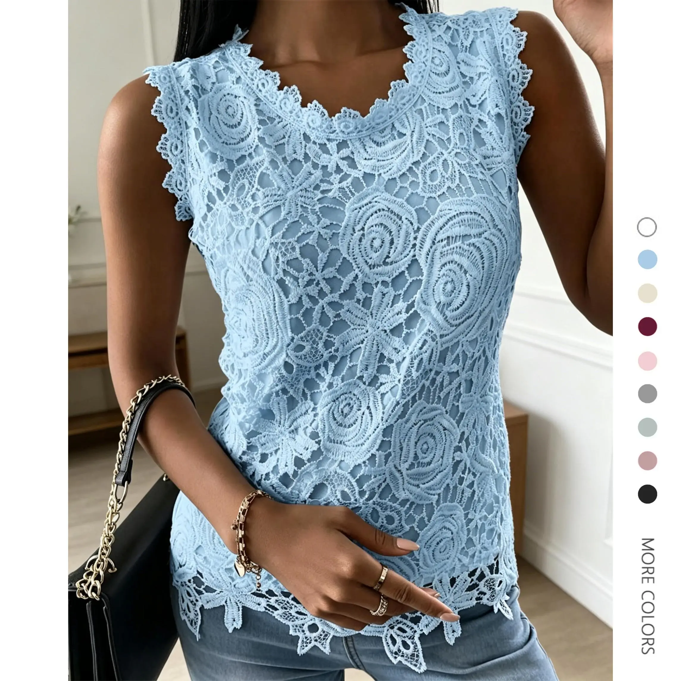 Danedvi Women's Fitted Lace Tank Top Blouse - Sleeveless, Crew Neck, Hollow Out, Floral, Elastane Basic Check Design, Sexy Solid Top for Lady, Daughter, Comfortable Summer Dressy Casual Shirt