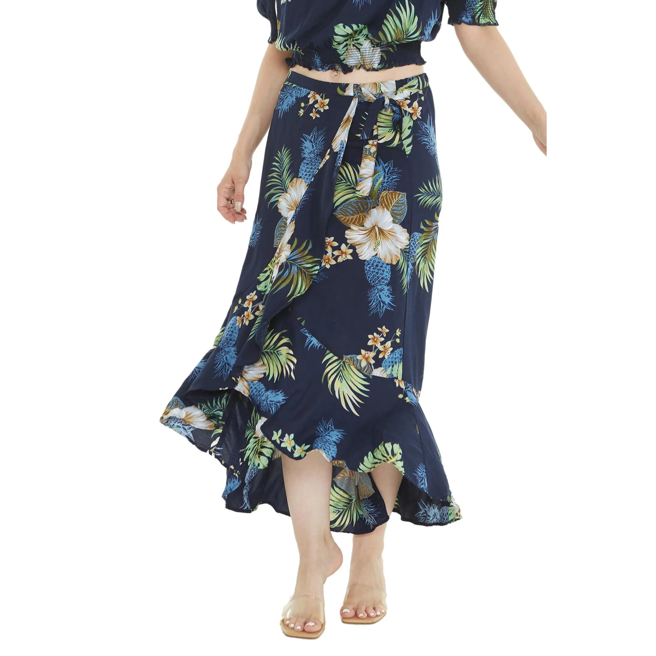 Women's Hawaiian Luau Wrap Ruffle Skirt in Pineapple Garden Navy