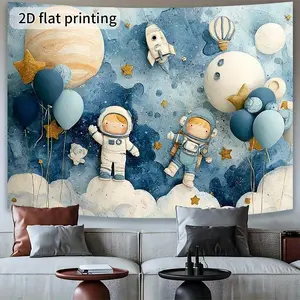 2D Flat, 1pc Boys' Astronaut Space-Themed Polyester Backdrop Banner - Vibrant 2D Flat Design with Planets, Balloons & Stars - Perfect for Birthday, Anniversary, and Party Decorations - Indoor/Outdoor Use, Space Party Decorations, 2D Flat White