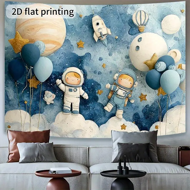 2D Flat, 1pc Boys' Astronaut Space-Themed Polyester Backdrop Banner - Vibrant 2D Flat Design with Planets, Balloons & Stars - Perfect for Birthday, Anniversary, and Party Decorations - Indoor/Outdoor Use, Space Party Decorations, 2D Flat White