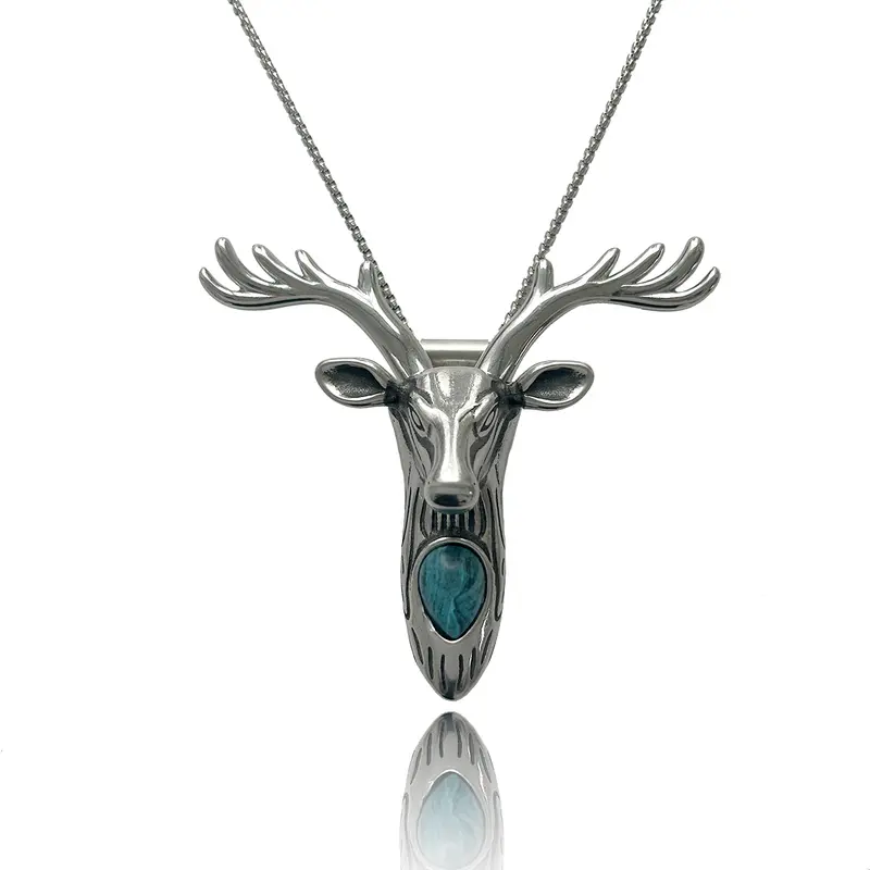 Artificial Turquoise Longhorn Skull Deer Pendant Necklace Buckle with Detachable Horns - Western Style Accessories