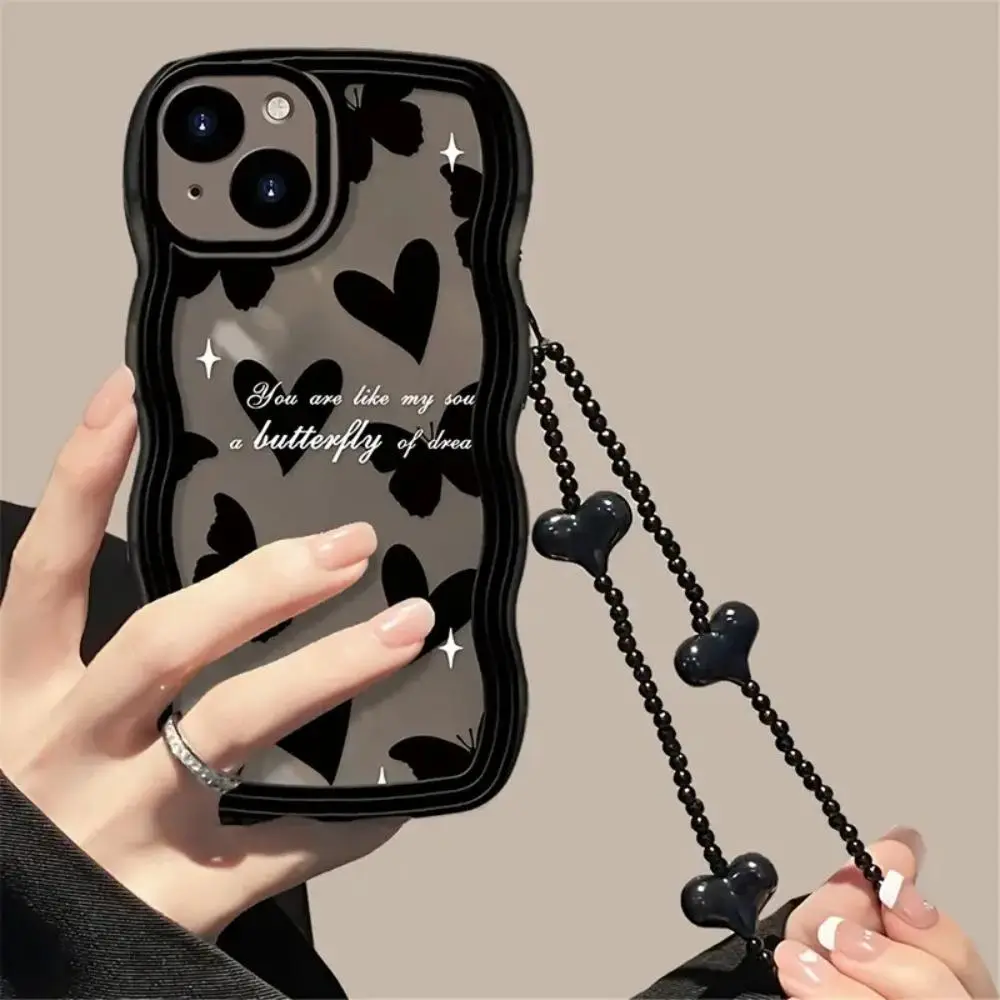 Heart & Butterfly Design Phone Case With Beaded Chain, 1 Count Wavy Edge Design Phone Protector Cover Compatible With iPhone 11 12 13 14 15 Pro Max 15