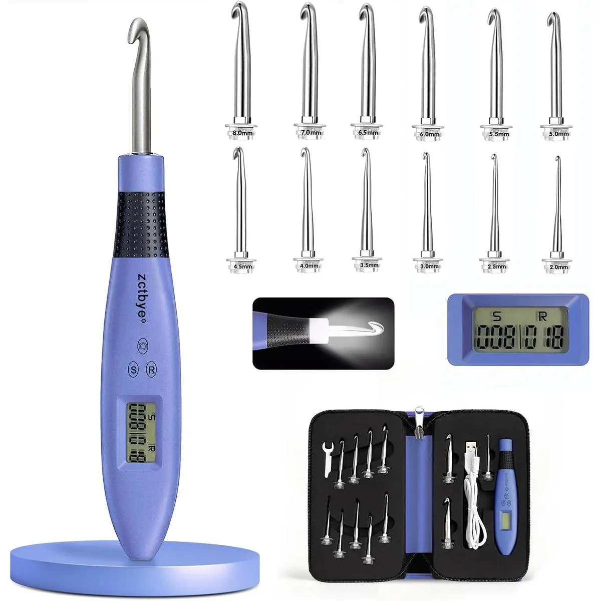 Light up Crochet Hook Set with Stitch Counter Crochet Kit with 12 Different Size Interchangeable Crochet Needle,Ergonomic with 2 Levels Led and Digital Stitch Counter for Crocheting and Knitting