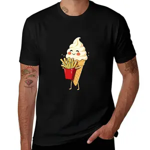 Cute Ice Cream Holding Fries Graphic T-Shirt, Funny Fast Food Tee for Food Lovers