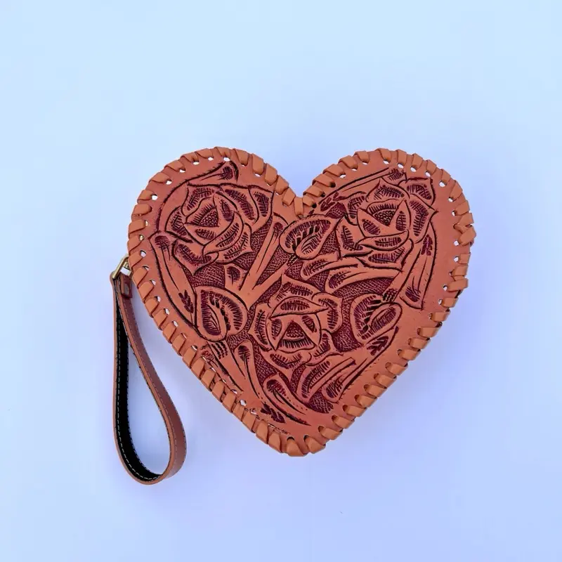 Mini Heart Shaped Handcrafted Wristlet with Leather Strap and Decorative Design