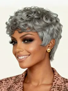 Women's Human Hair Wig Pixie Cut with Bangs, Loose Curly Straight Design, Perfect for Cosplay & Daily Wear, Human Hair Bob