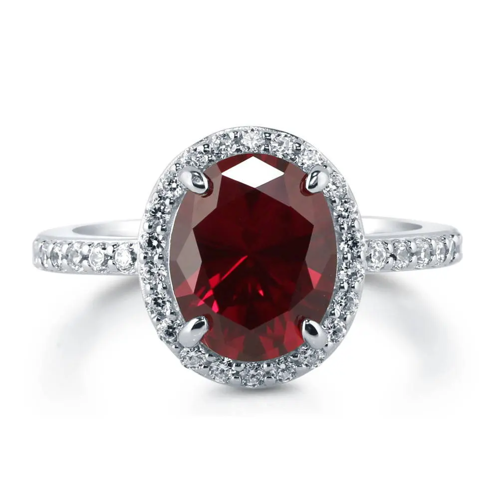 BERRICLE Sterling Silver Halo Engagement Rings for Women, Ruby-Red Oval Cut Cubic Zirconia CZ Ring