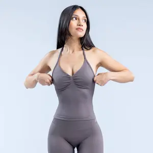 DFYNE Impact Halter Tank - Full Dull Matte Seamless Workout Top, High-Stretch Built-in Bra Training Vest