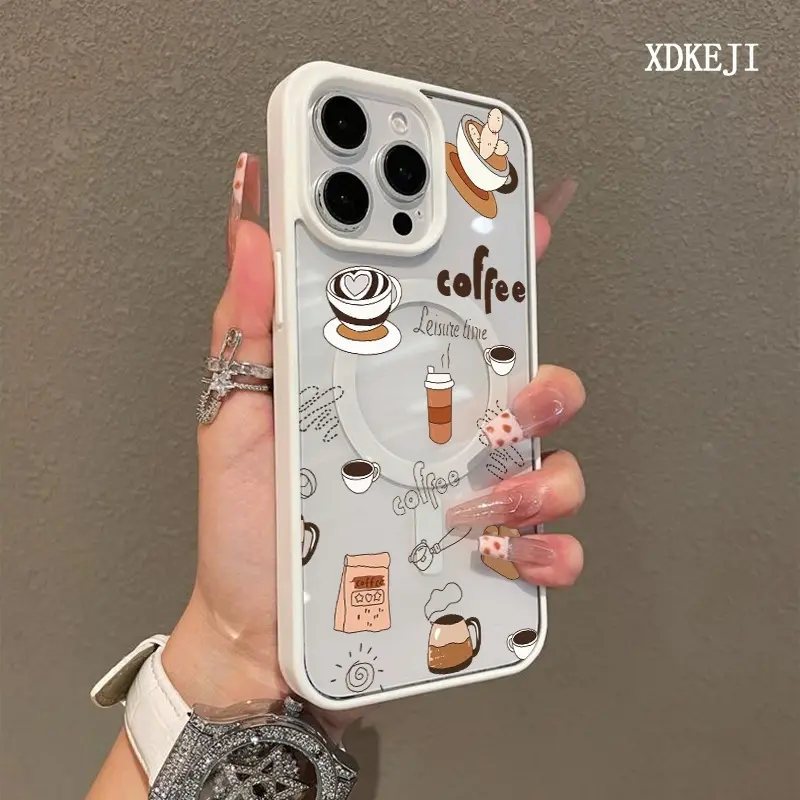 Coffee Dessert Pattern Premium Magnetic Phone Cases for iPhone 17 Air 16 15 14 Pro Max 13 12 11 Plus Smartphone Shockproof Protection Acrylic Cover Cellphone Protective magsafe magnetic case Aesthetic Resistance Casing Protector