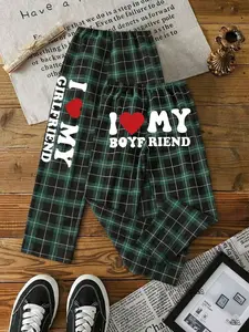 “I ❤️ MY BOYFRIEND/GIRLFRIEND Couple Plaid Pajama Pants Set | Casual Loungewear Bottoms | Soft Plaid Fabric | Bold Romantic Love Aesthetic | Elastic Waistband for Comfort | Eye-Catching Vertical & Horizontal Heart & Text Print | Versatile Home Wear