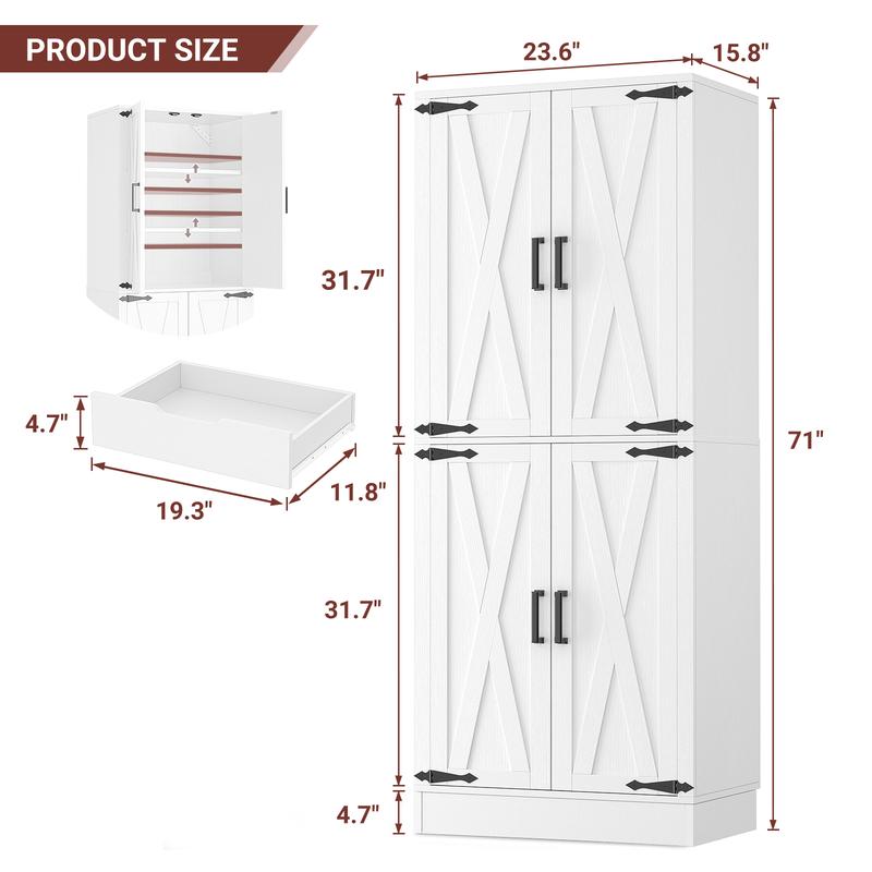 71" Farmhouse Kitchen Pantry Storage Cabinet with Barn Doors, Adjustable Shelves & Drawer Organizer, Versatile Tall Storage Cupboard for Dining Room, Bathroom, Utility Room