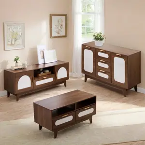 EBELLO 3-Piece Mid-Century Modern Living Room Set – TV Stand, Coffee Table & Sideboard Cabinet with Walnut Finish and White Panel Accents for Stylish Storage and Display