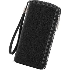 FATMOON Women PU Leather Wallet,RFID Blocking Zipper Around Phone Holder Clutch Wristlet,Large Capacity Travel Long Purse for Women,Black